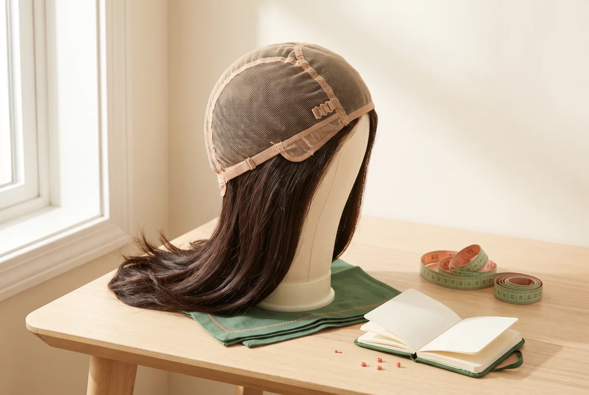 hot rehearsal wig liner cap worksheet — Hong Kong styling illustration: cap interior, adjustable straps, measuring tape and notebook