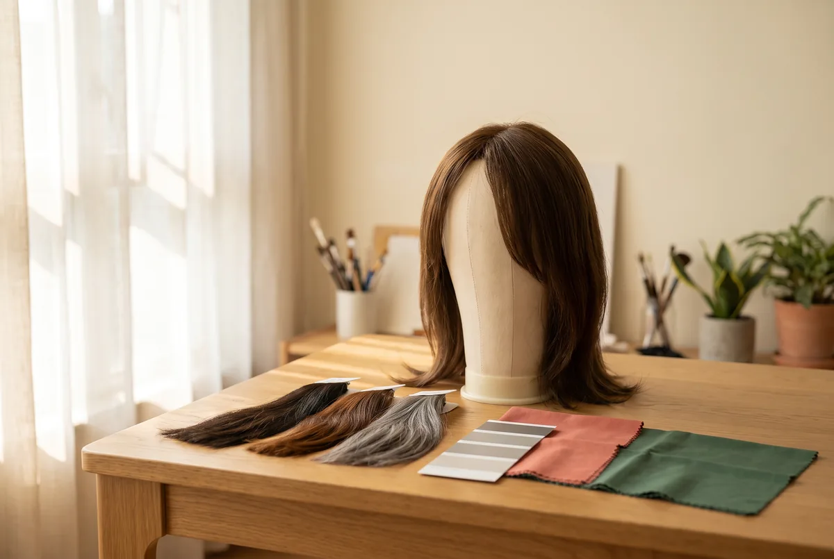 portrait colour swatches for black, brown and grey wigs — Hong Kong styling illustration: hair-colour samples, grey card, fabric and a wig display head