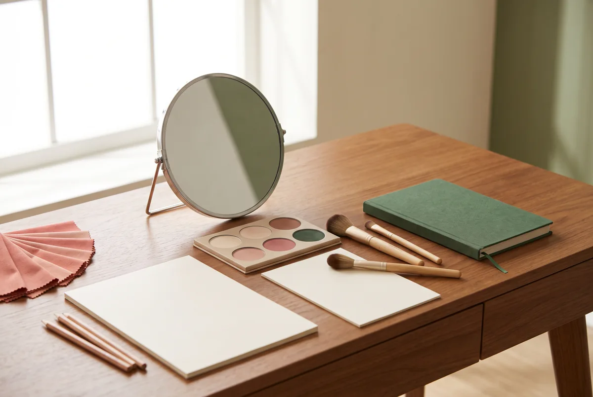 makeup for combination skin — Hong Kong planning illustration: mirror, palette and notebook on a learning desk