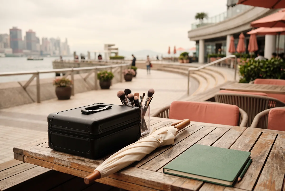pre-wedding makeup artist on location Hong Kong — Hong Kong planning illustration: portable makeup kit and umbrella beside a harbour backdrop