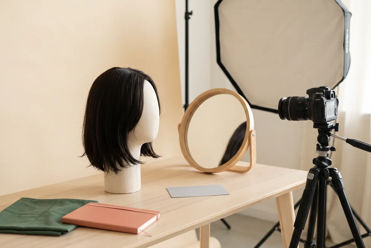 test wig direction for portraits — Hong Kong styling illustration: wig display head, camera, soft light and mirror