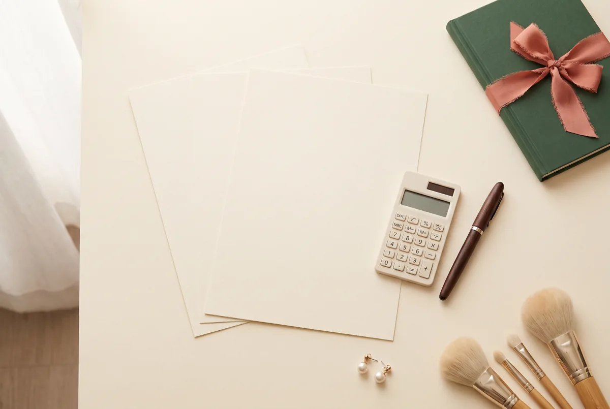 Hong Kong wedding day makeup — Hong Kong planning illustration: blank quote sheets, a calculator and styling tools