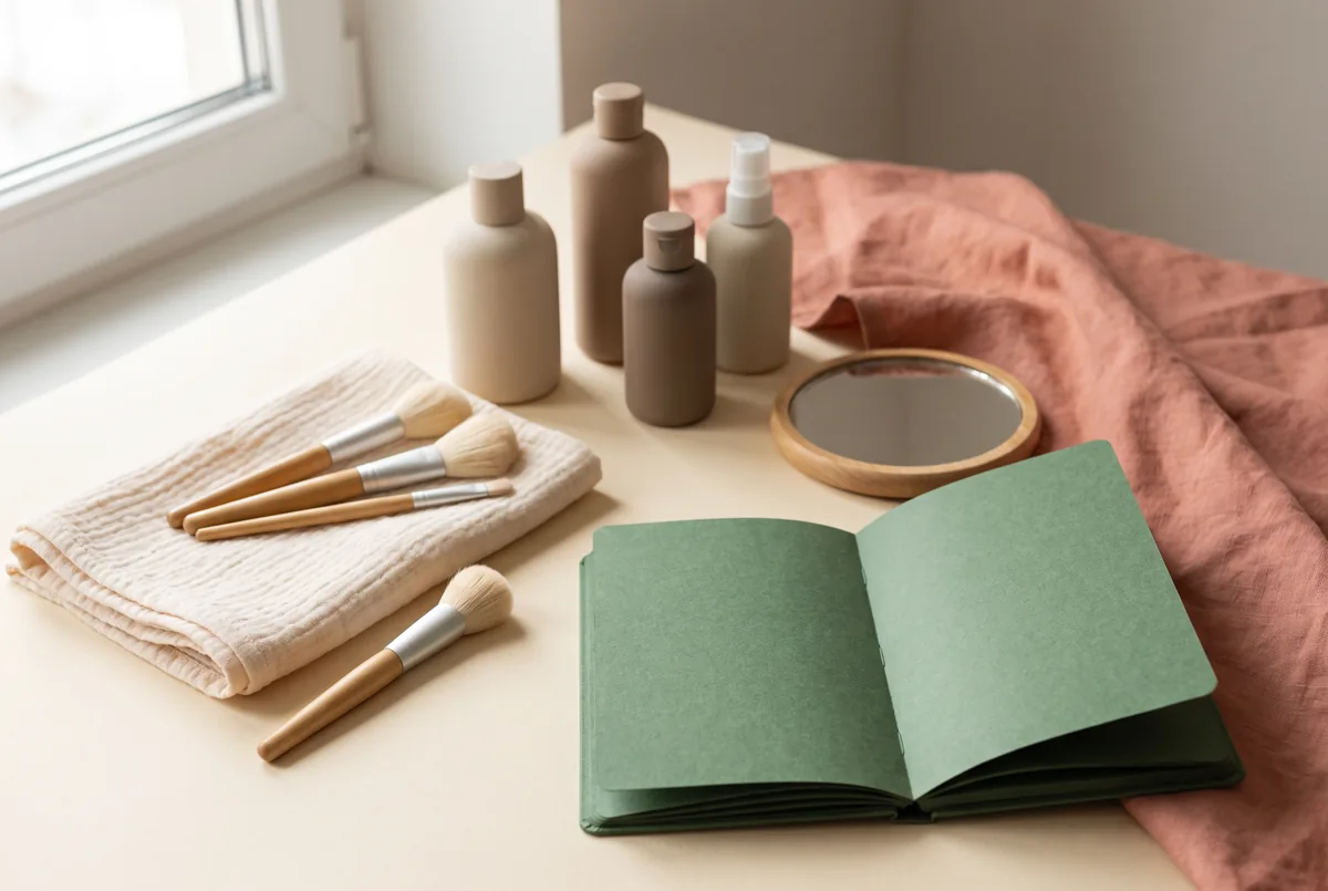 sensitive skin makeup — Hong Kong planning illustration: unbranded cosmetic products, clean tools and notebook