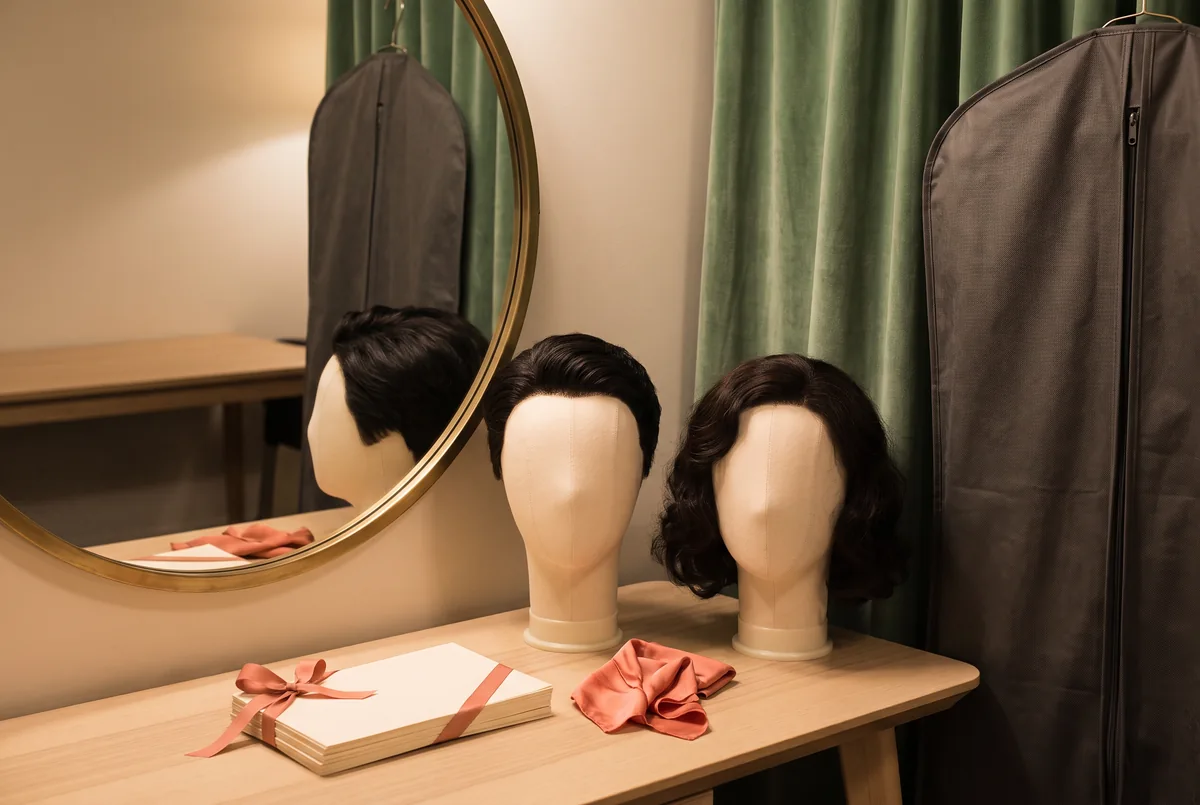 close-up wig hairline camera distance — Hong Kong styling illustration: backstage mirror, two wig display heads and garment bags