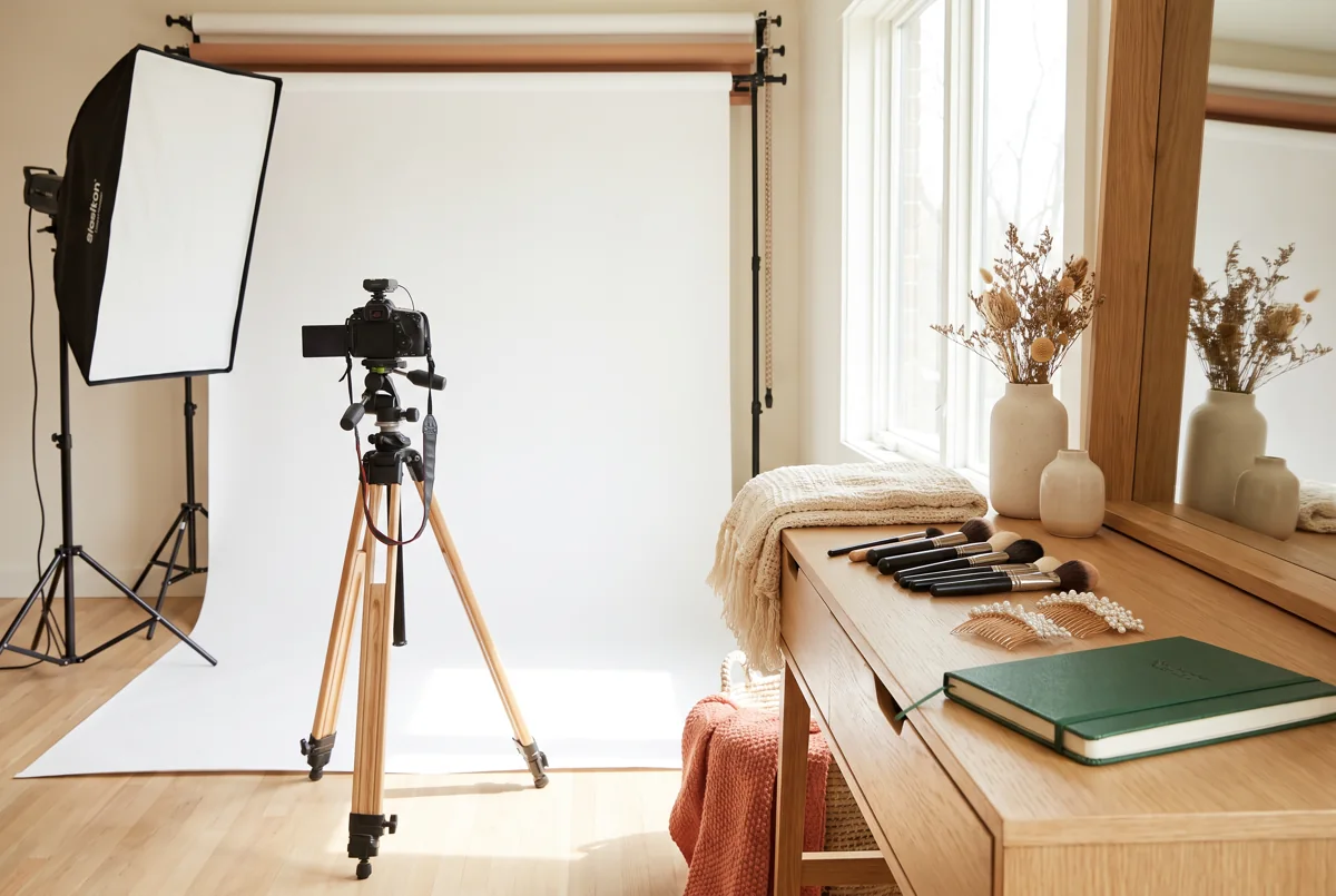 wedding guest makeup and hair — Hong Kong planning illustration: photography equipment, backdrop and a styling desk