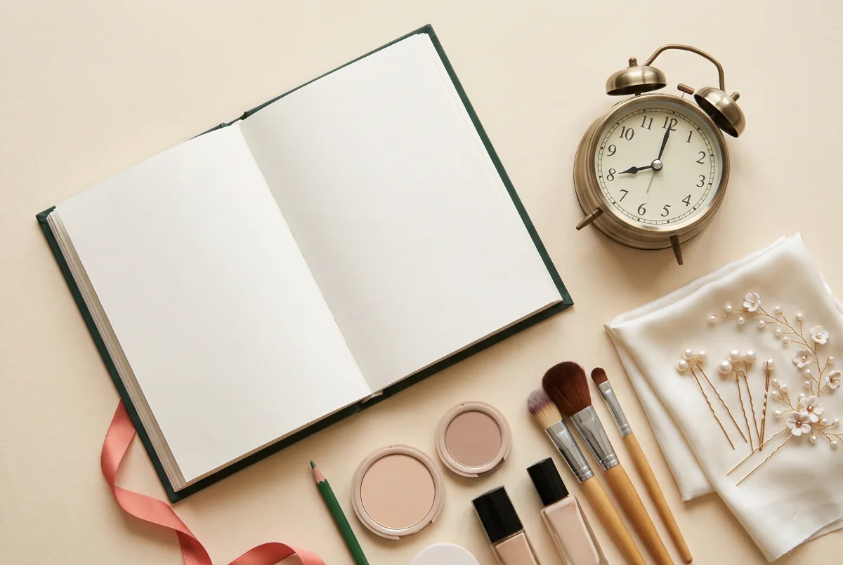 big day bridal makeup — Hong Kong planning illustration: clock, notebook and wedding preparation accessories