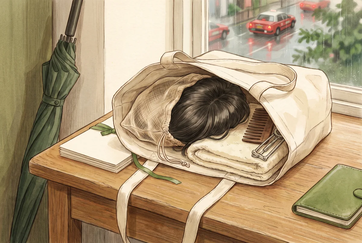 humid event kit — Hong Kong styling illustration: wig in a protective pouch, folding stand, comb and towel