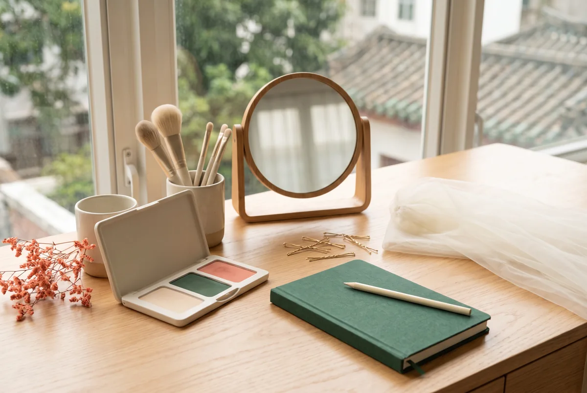 bridal trial Hong Kong — Hong Kong planning illustration: mirror, clean brushes and a bridal-trial notebook