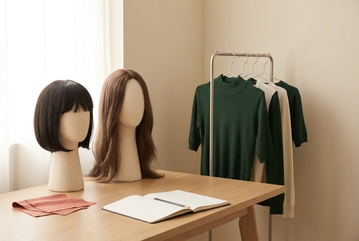 stage quick change hairpieces — Hong Kong styling illustration: short and long wig display heads, tops with different necklines and fabric samples