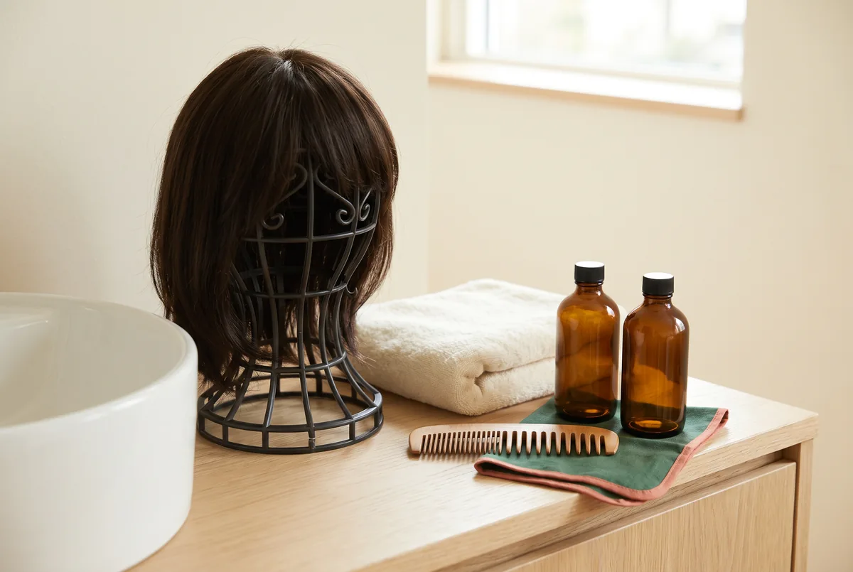 what to check before washing a wig after a performance — Hong Kong styling illustration: wig stand, dry towels, wide-tooth comb and unlabelled care bottles